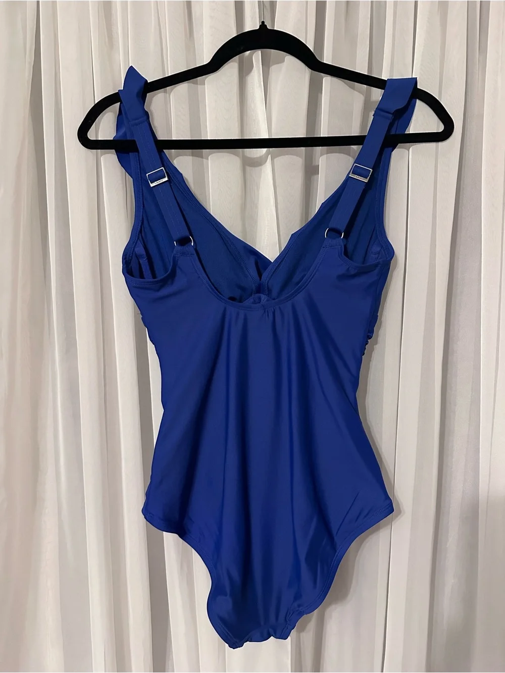 DKNY Ruffle V-Neck Ruched Royal Blue Tummy Control One-Piece Swimsuit Size S - Picture 3 of 11